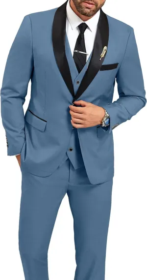 Mens Suit Slim Fit 3 Pieces Suit 1 Button Shawl Lapel Men Suit Blazer Jacket Vest Pants Bow Tie Pocket Square Brooch