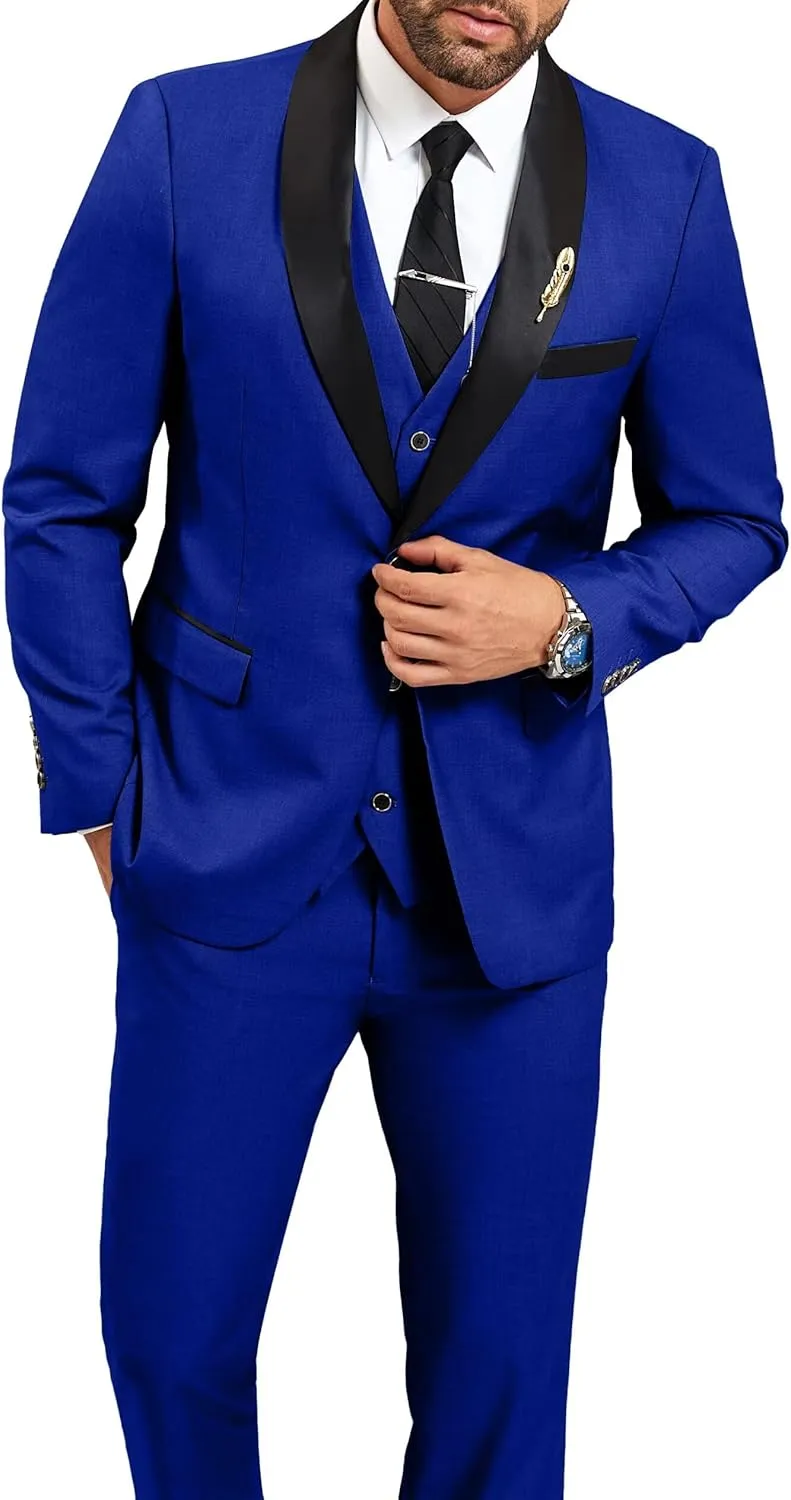 Mens Suit Slim Fit 3 Pieces Suit 1 Button Shawl Lapel Men Suit Blazer Jacket Vest Pants Bow Tie Pocket Square Brooch