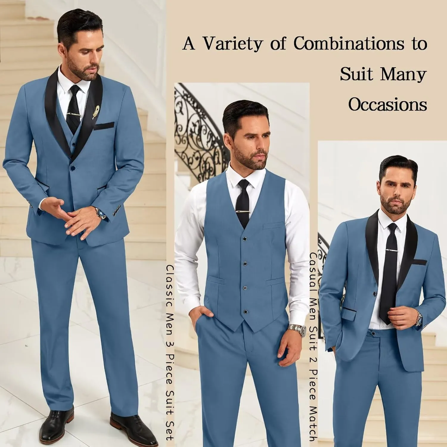 Mens Suit Slim Fit 3 Pieces Suit 1 Button Shawl Lapel Men Suit Blazer Jacket Vest Pants Bow Tie Pocket Square Brooch