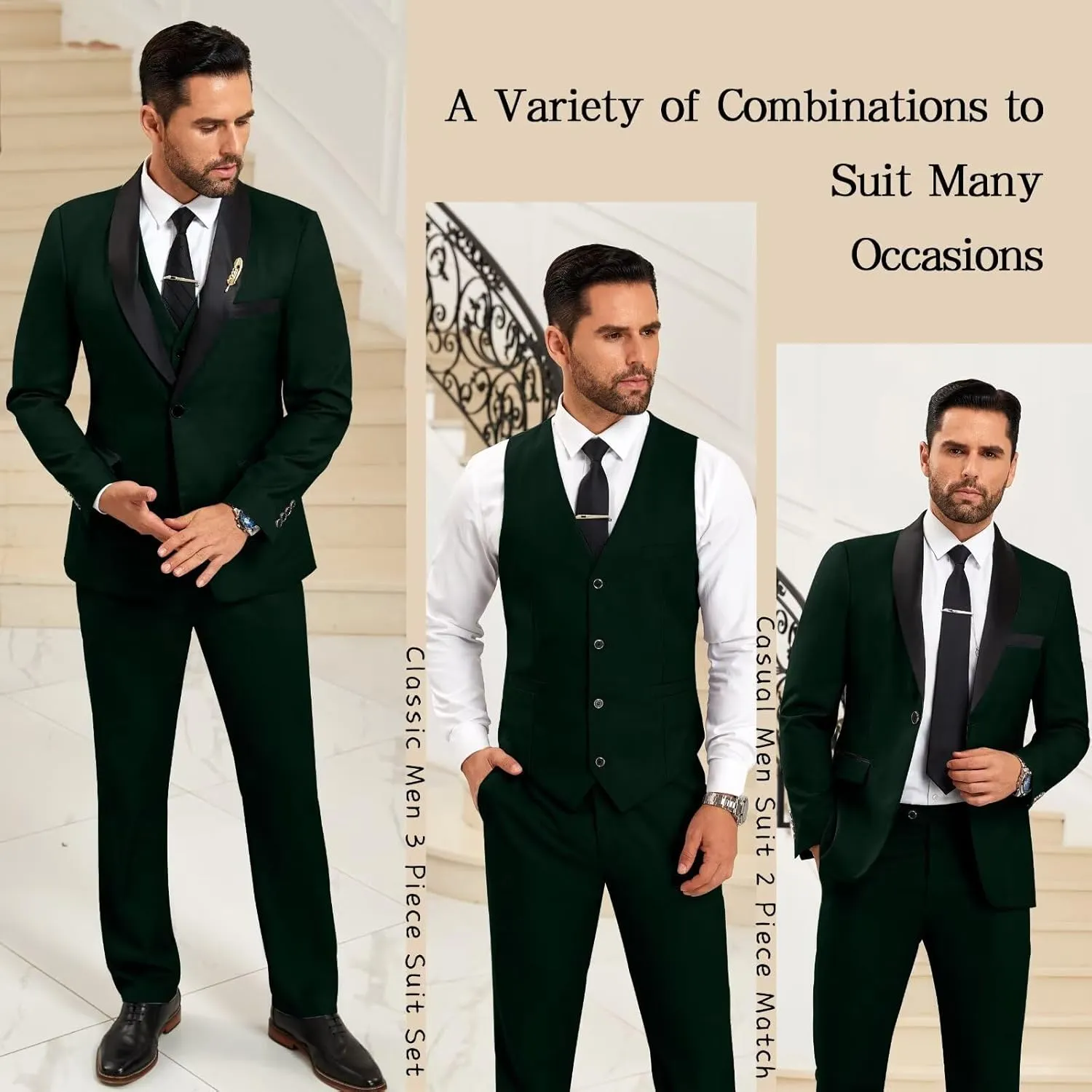 Mens Suit Slim Fit 3 Pieces Suit 1 Button Shawl Lapel Men Suit Blazer Jacket Vest Pants Bow Tie Pocket Square Brooch