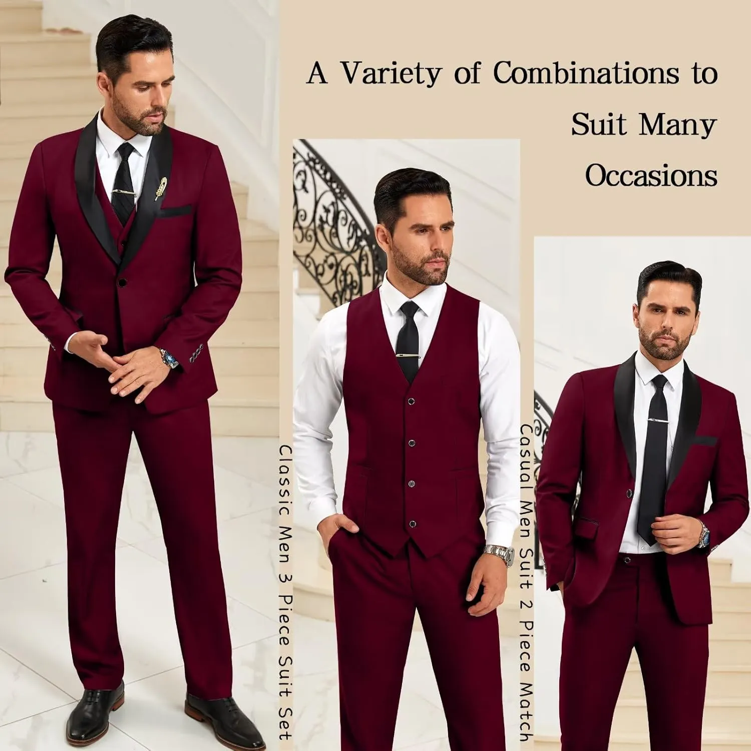 Mens Suit Slim Fit 3 Pieces Suit 1 Button Shawl Lapel Men Suit Blazer Jacket Vest Pants Bow Tie Pocket Square Brooch