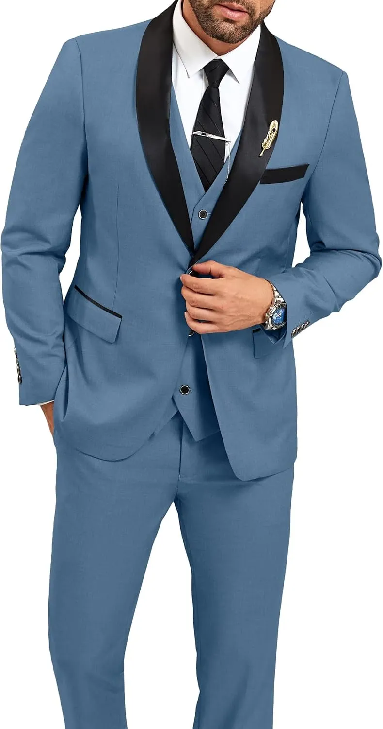 Mens Suit Slim Fit 3 Pieces Suit 1 Button Shawl Lapel Men Suit Blazer Jacket Vest Pants Bow Tie Pocket Square Brooch