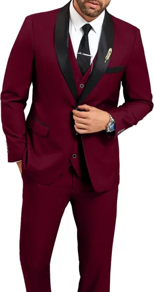 Mens Suit Slim Fit 3 Pieces Suit 1 Button Shawl Lapel Men Suit Blazer Jacket Vest Pants Bow Tie Pocket Square Brooch