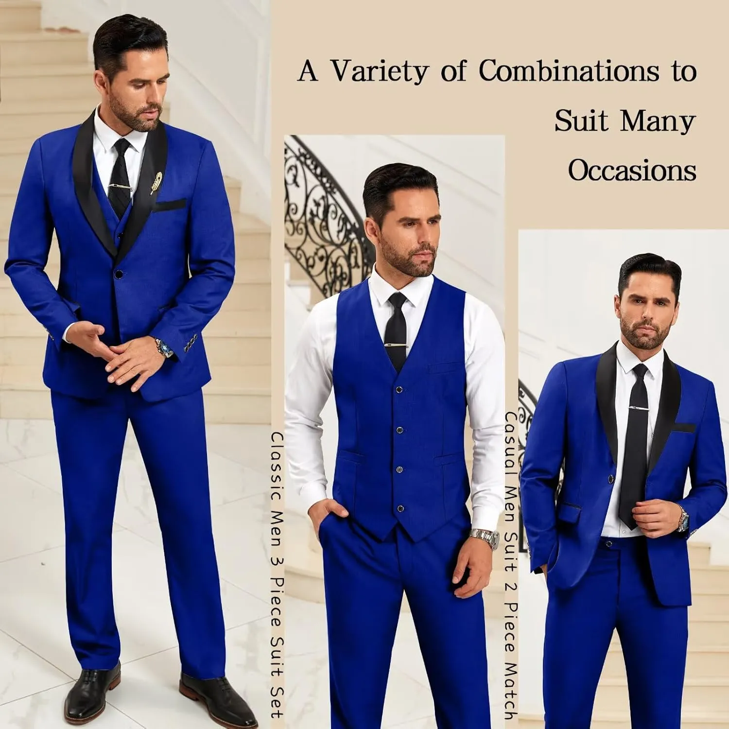 Mens Suit Slim Fit 3 Pieces Suit 1 Button Shawl Lapel Men Suit Blazer Jacket Vest Pants Bow Tie Pocket Square Brooch