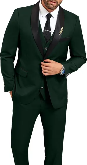 Mens Suit Slim Fit 3 Pieces Suit 1 Button Shawl Lapel Men Suit Blazer Jacket Vest Pants Bow Tie Pocket Square Brooch