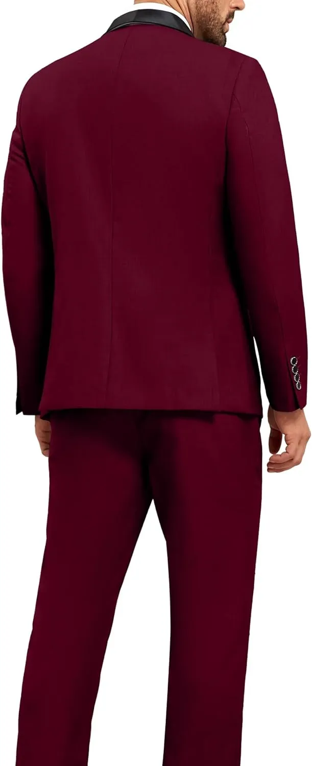 Mens Suit Slim Fit 3 Pieces Suit 1 Button Shawl Lapel Men Suit Blazer Jacket Vest Pants Bow Tie Pocket Square Brooch