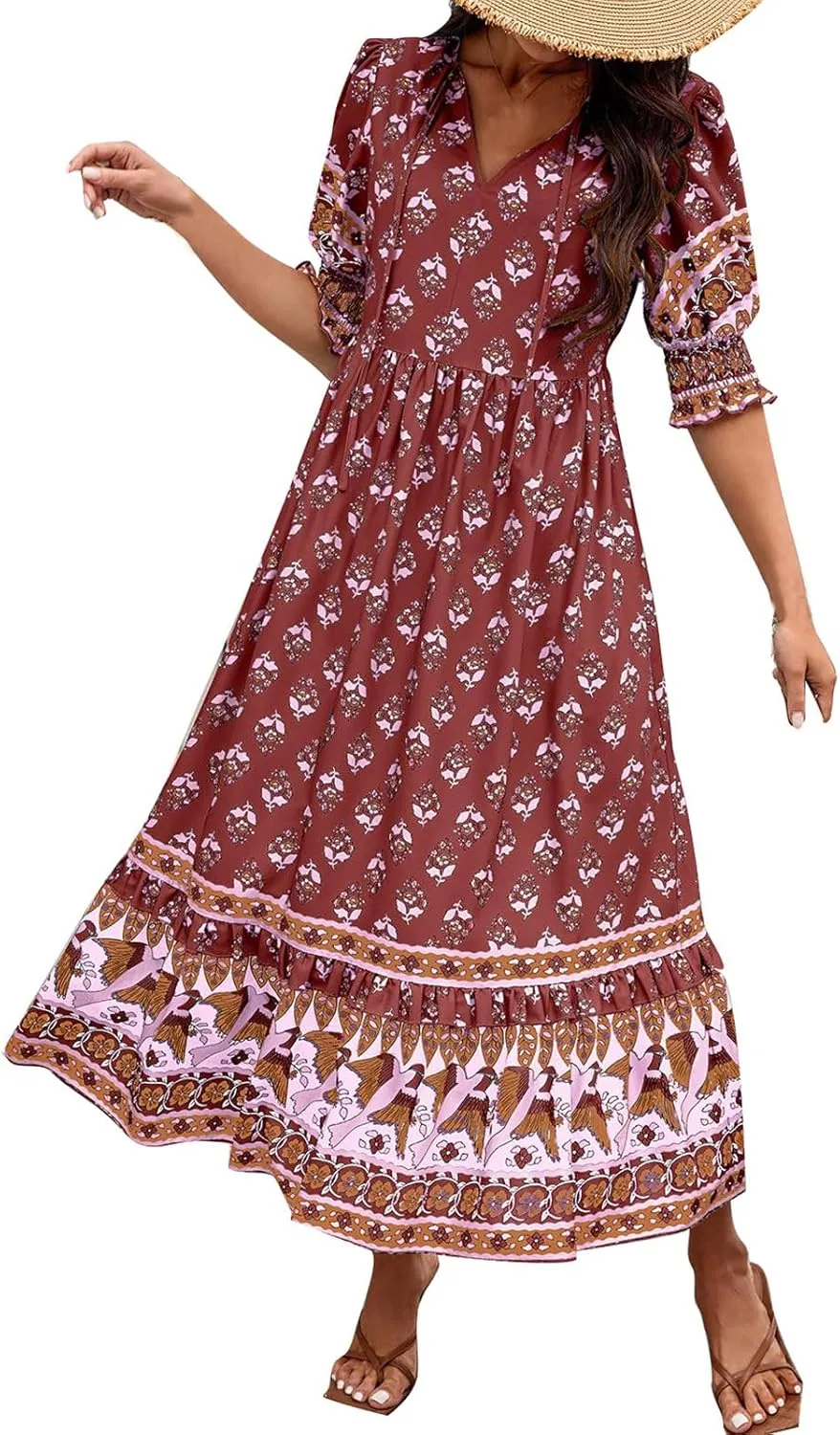 Mexican Dresses for Women 2024 V Neck Puff Sleeve Clothing Printed Stretchy Boho Trendy Dress Graphic Cami Travel