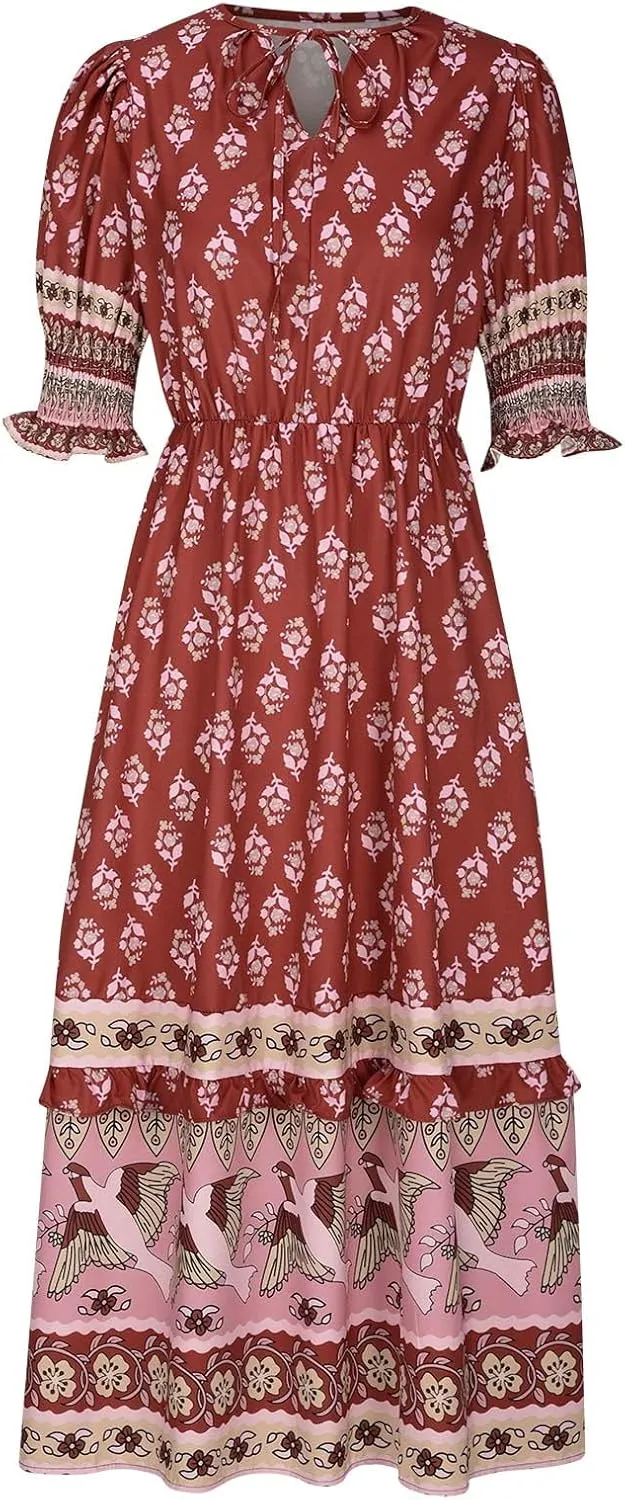 Mexican Dresses for Women 2024 V Neck Puff Sleeve Clothing Printed Stretchy Boho Trendy Dress Graphic Cami Travel
