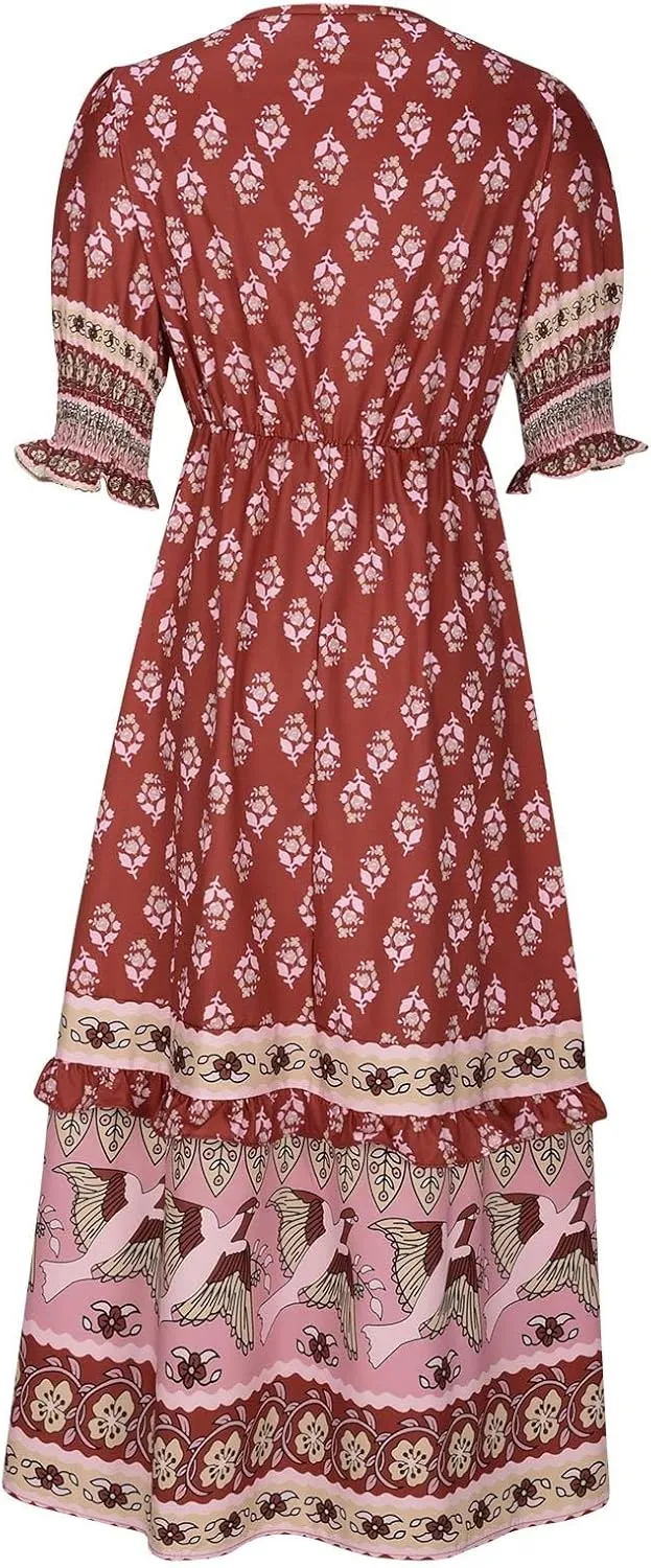 Mexican Dresses for Women 2024 V Neck Puff Sleeve Clothing Printed Stretchy Boho Trendy Dress Graphic Cami Travel