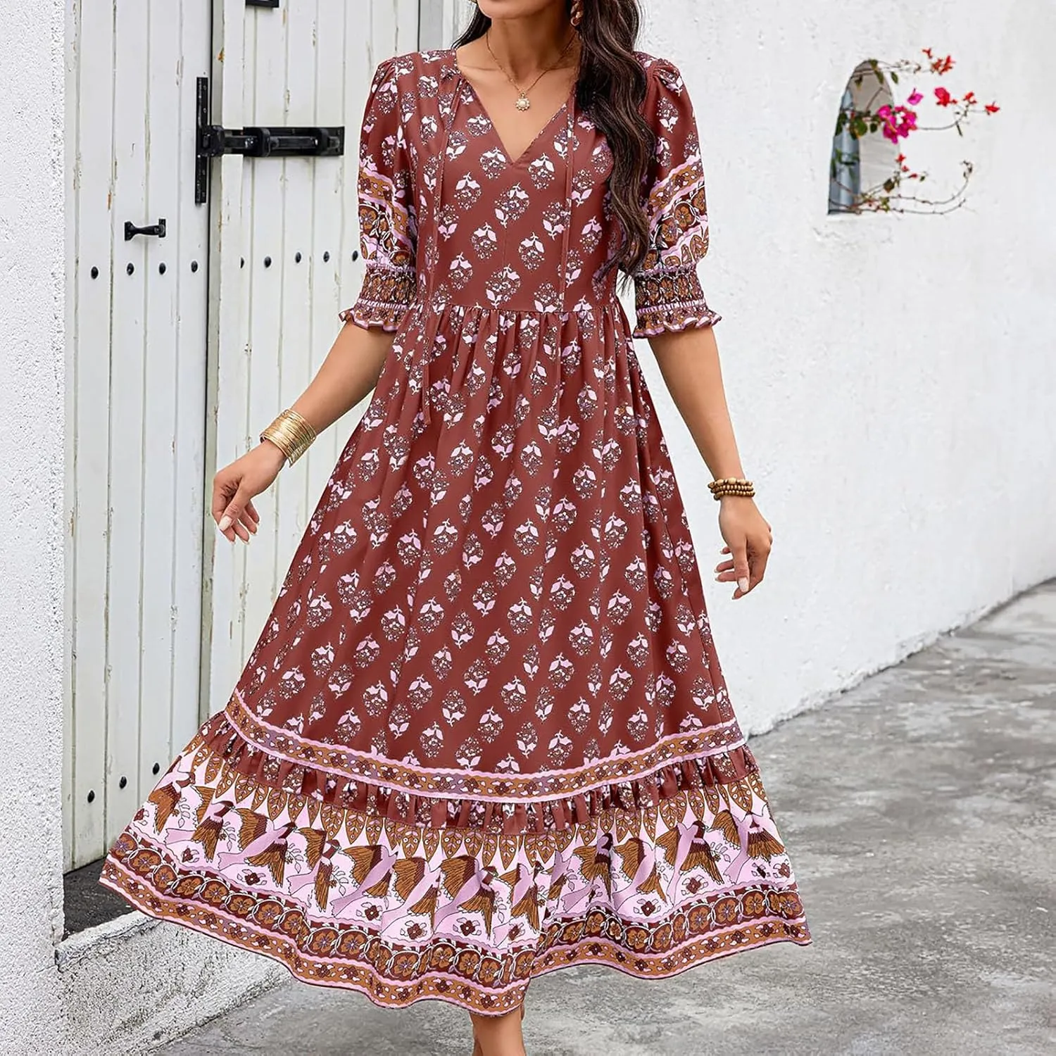 Mexican Dresses for Women 2024 V Neck Puff Sleeve Clothing Printed Stretchy Boho Trendy Dress Graphic Cami Travel