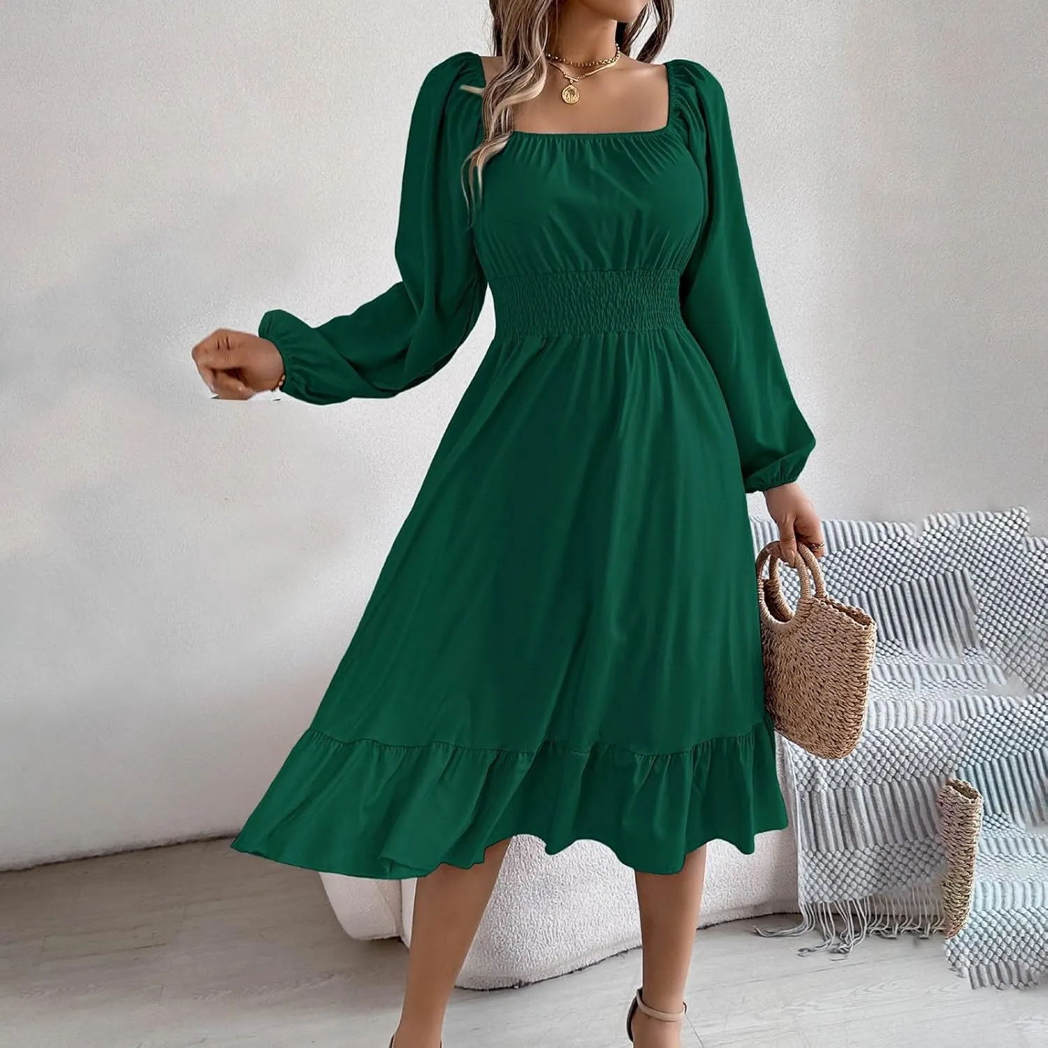 Midi Dresses for Women 2025 Casual Long Sleeve Square Neck Knee Length Ruffle Boho Dress Comfy Vacation Sundress