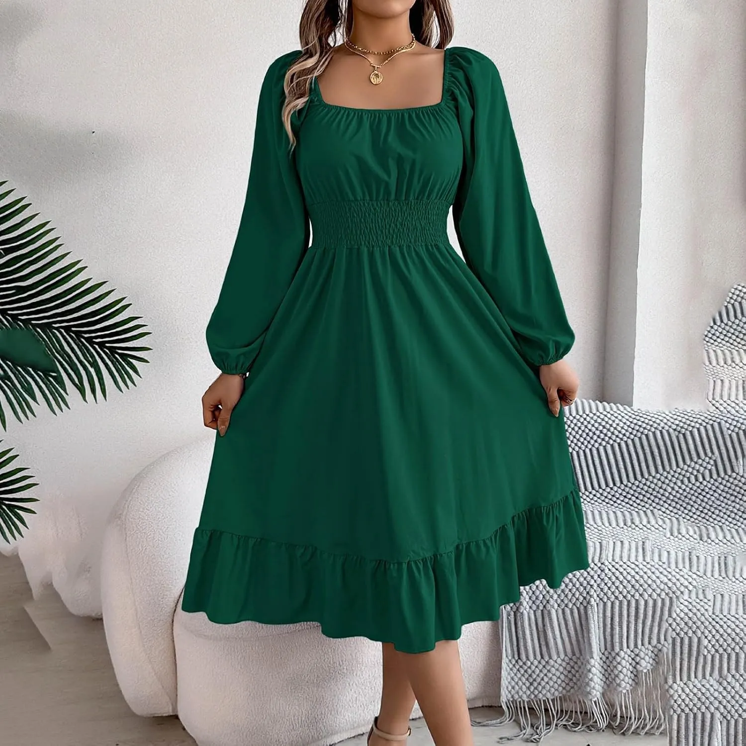 Midi Dresses for Women 2025 Casual Long Sleeve Square Neck Knee Length Ruffle Boho Dress Comfy Vacation Sundress