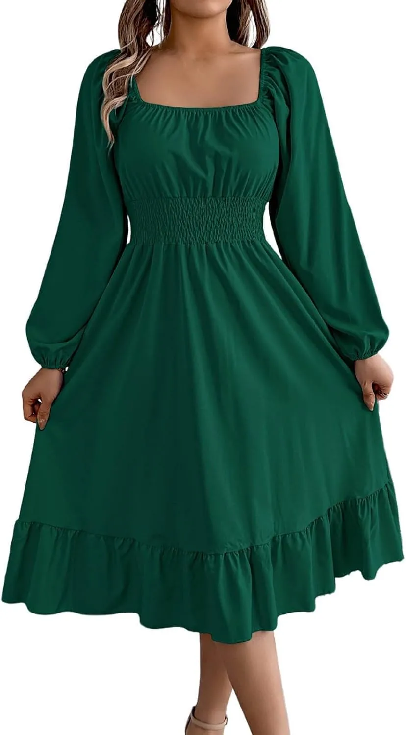 Midi Dresses for Women 2025 Casual Long Sleeve Square Neck Knee Length Ruffle Boho Dress Comfy Vacation Sundress