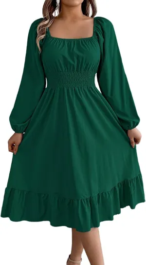 Midi Dresses for Women 2025 Casual Long Sleeve Square Neck Knee Length Ruffle Boho Dress Comfy Vacation Sundress