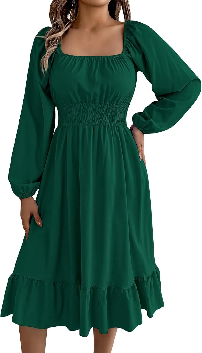 Midi Dresses for Women 2025 Casual Long Sleeve Square Neck Knee Length Ruffle Boho Dress Comfy Vacation Sundress