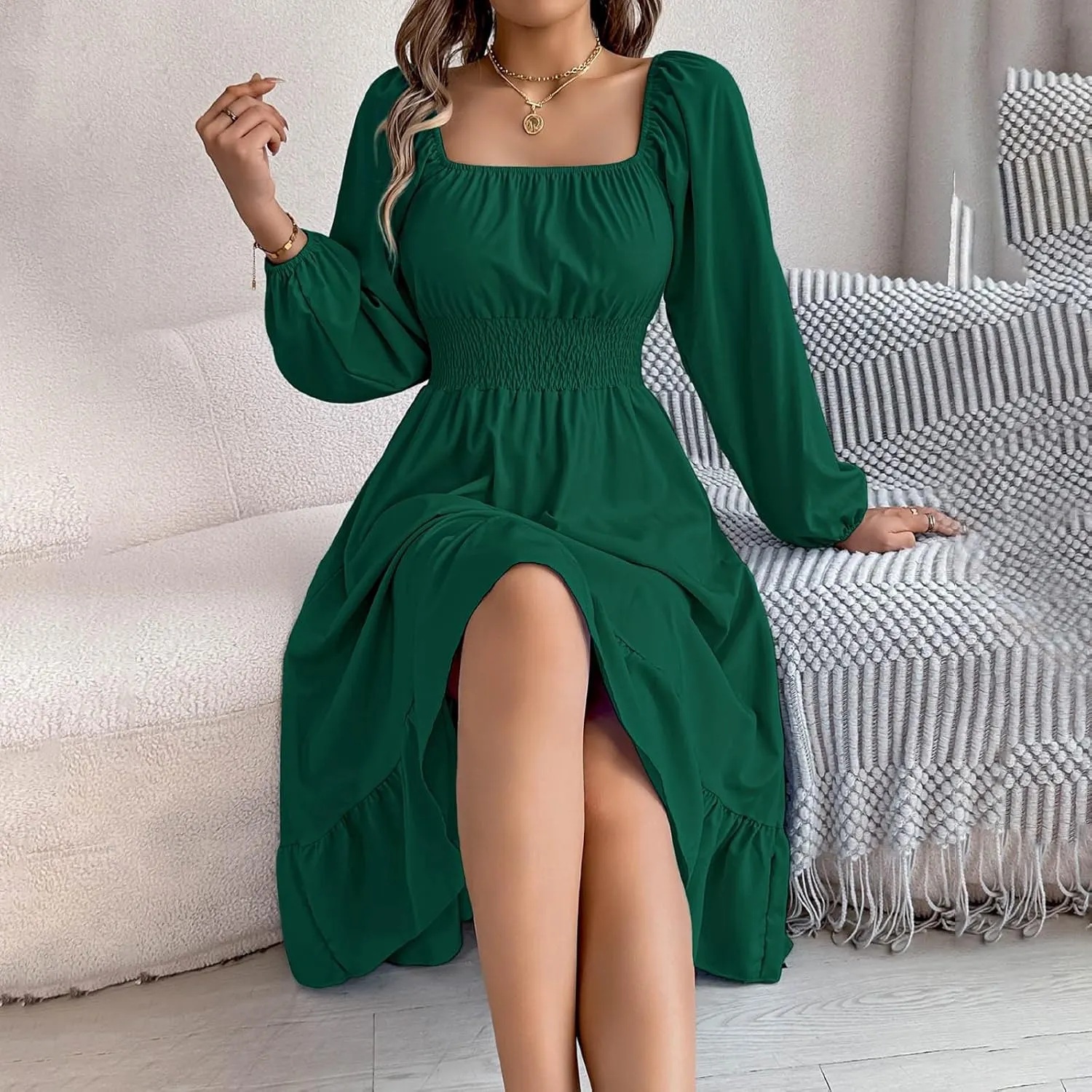 Midi Dresses for Women 2025 Casual Long Sleeve Square Neck Knee Length Ruffle Boho Dress Comfy Vacation Sundress