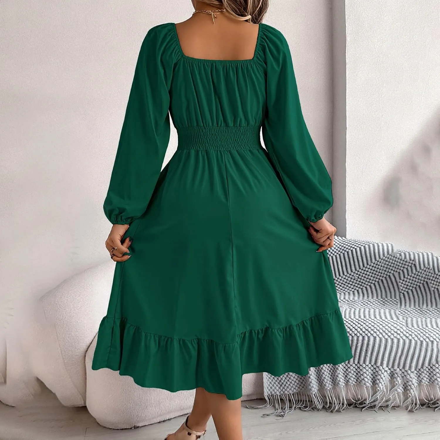 Midi Dresses for Women 2025 Casual Long Sleeve Square Neck Knee Length Ruffle Boho Dress Comfy Vacation Sundress