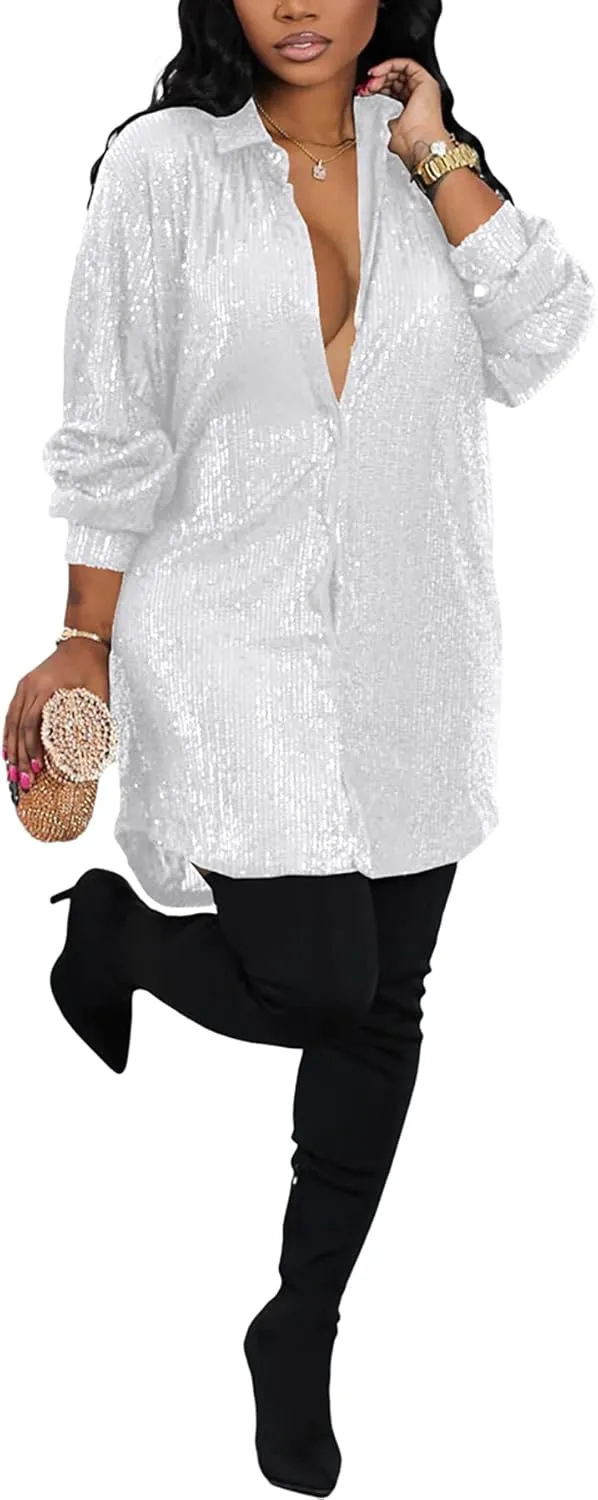 Midi Sequin Dress for Women Sparkle Button Down Sexy Shirt Dresses Long Sleeve Party Club Dress