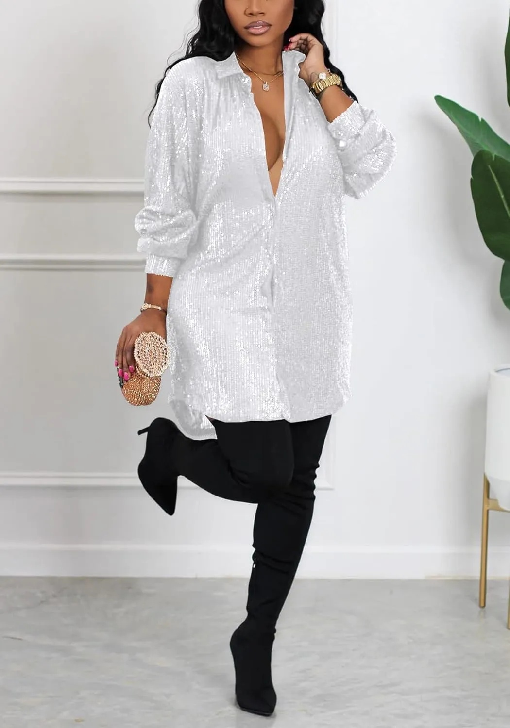 Midi Sequin Dress for Women Sparkle Button Down Sexy Shirt Dresses Long Sleeve Party Club Dress