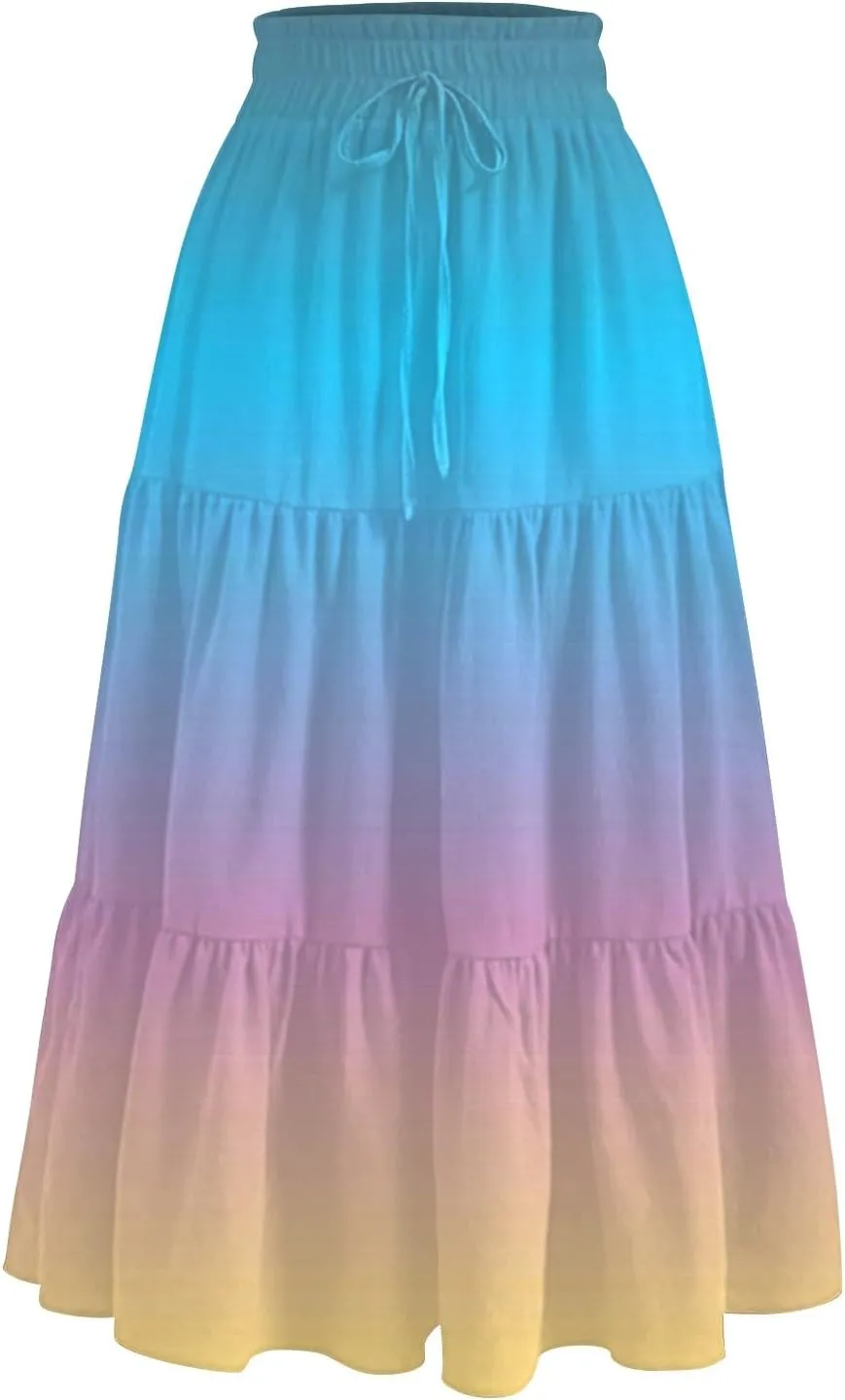 Midi Skirts for Women Elastic High Waist A Line Skirt Summer Ruched Tiered Ruffle Boho Beach Skirts with Pocket
