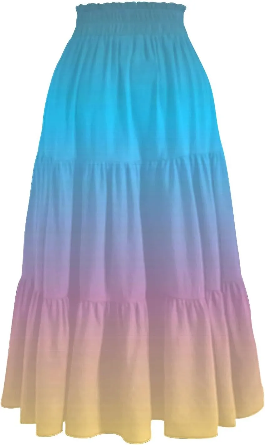 Midi Skirts for Women Elastic High Waist A Line Skirt Summer Ruched Tiered Ruffle Boho Beach Skirts with Pocket