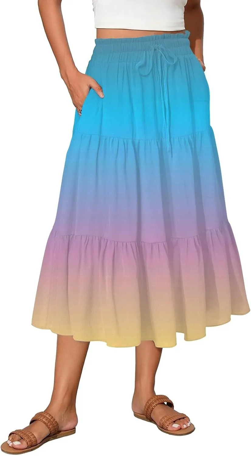 Midi Skirts for Women Elastic High Waist A Line Skirt Summer Ruched Tiered Ruffle Boho Beach Skirts with Pocket