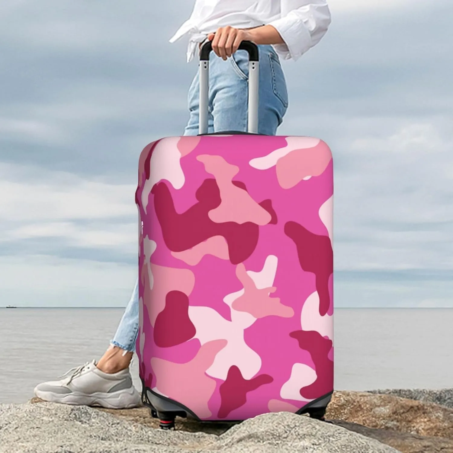 Military Camouflage Luggage Suitcase Covers Elastic Washable Pink Camo Luggage Protector Travel Suitcase Protective Cover For Kid And Adult, M (Fit 22-24 Inch Luggage)