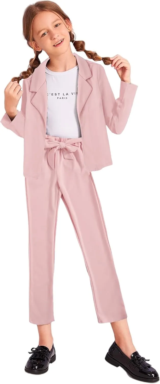 Milumia Girl's Two Piece Outfit Solid Open Front Blazer and Pants Set