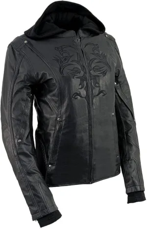 Milwaukee Leather Women's 3/4 Black Leather Hoodie Jacket ML2066 with Reflective Tribal Design