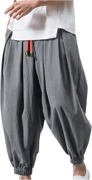 Mnjyihy Men's Fashion Harem Pants Casual Oversized Elastic Waist Drawstring Japanese Wide Leg Trouser