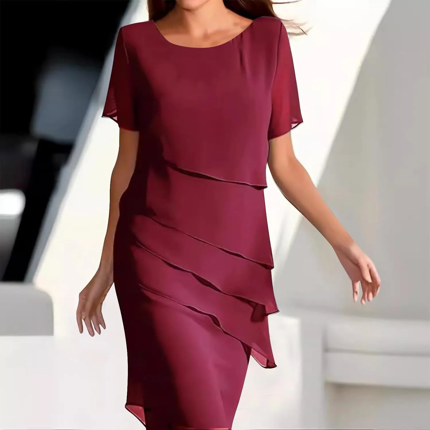 Mother of The Bride Dress for Wedding Summer Flowy Tiered Chiffon Ruffle Midi Evening Gown Mother Groom Dresses