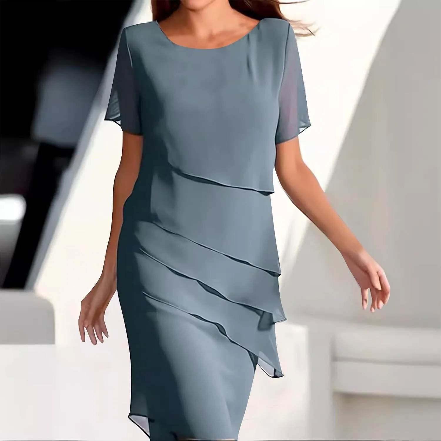 Mother of The Bride Dress for Wedding Summer Flowy Tiered Chiffon Ruffle Midi Evening Gown Mother Groom Dresses