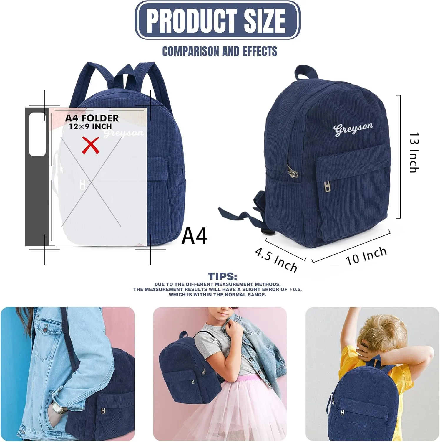 MT WORLD Navy Blue Corduroy Backpack, 13.5 x 5 x 10 inches, 12.0 fl oz, Lightweight, Custom, High School, Soft Shell, Zipper, Unisex Adults