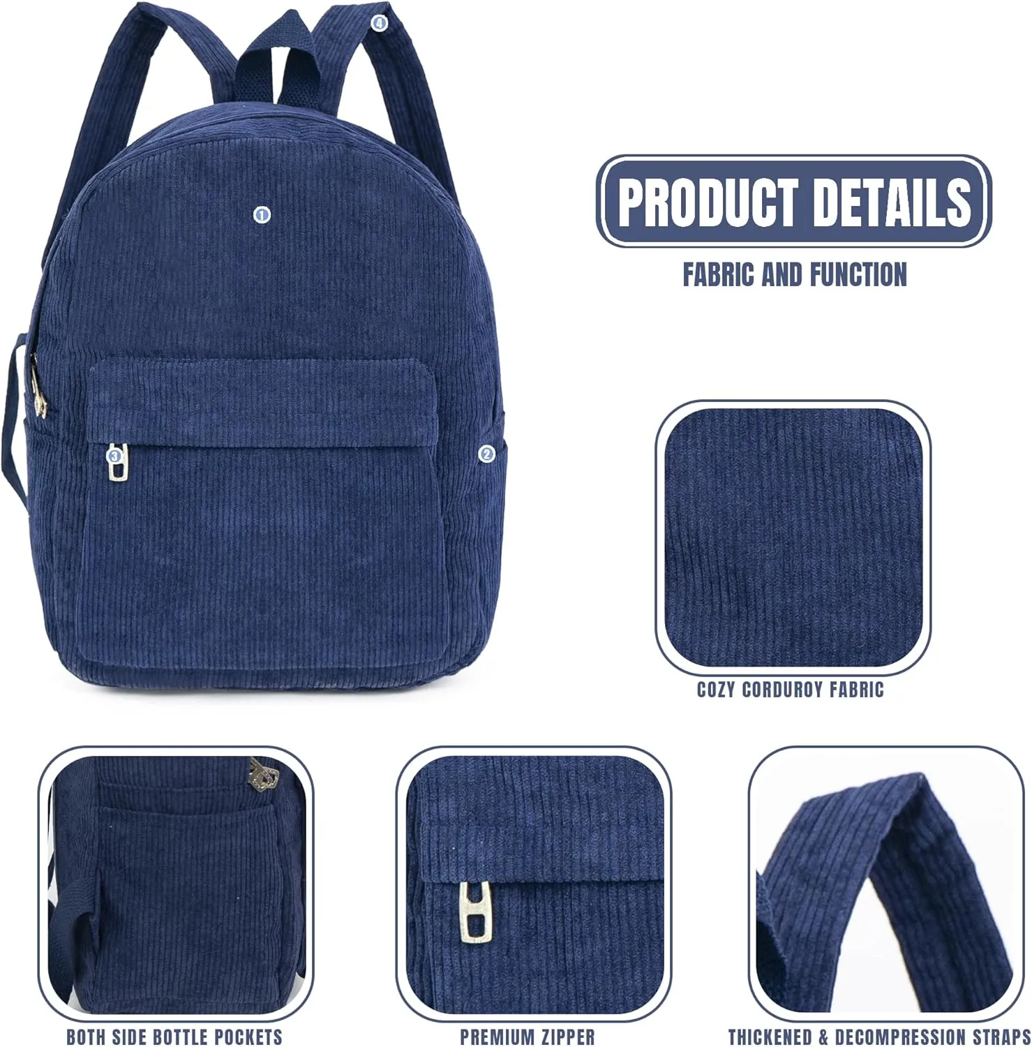 MT WORLD Navy Blue Corduroy Backpack, 13.5 x 5 x 10 inches, 12.0 fl oz, Lightweight, Custom, High School, Soft Shell, Zipper, Unisex Adults