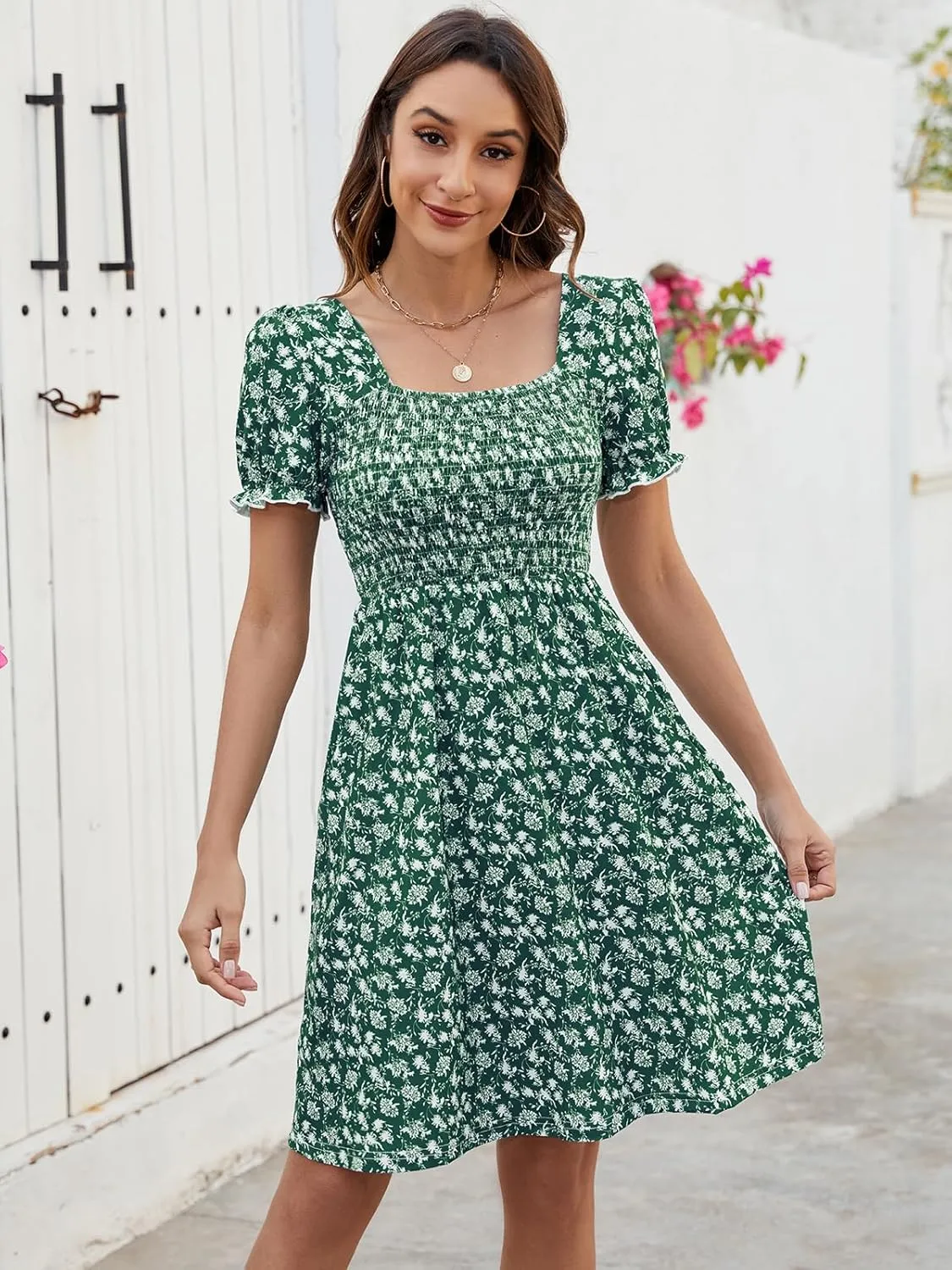 Naggoo Women's Summer Dresses Puff Short Sleeve Square Neck Casual Boho Floral Smocked A Line Flowy Beach Dresses