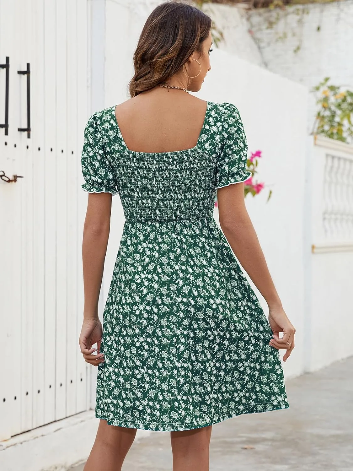 Naggoo Women's Summer Dresses Puff Short Sleeve Square Neck Casual Boho Floral Smocked A Line Flowy Beach Dresses