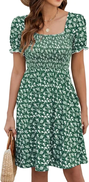 Naggoo Women's Summer Dresses Puff Short Sleeve Square Neck Casual Boho Floral Smocked A Line Flowy Beach Dresses