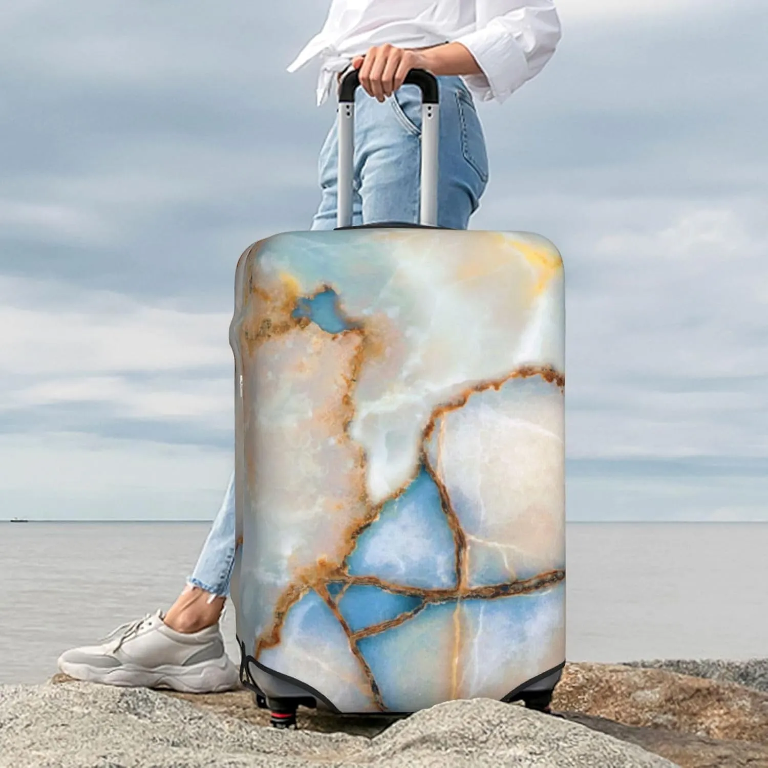 Natural Marble Texture Pattern Luggage Suitcase Covers Elastic Washable Luggage Protector Travel Suitcase Protective Cover For Kid And Adult, L (Fit 25-29 Inch Luggage)