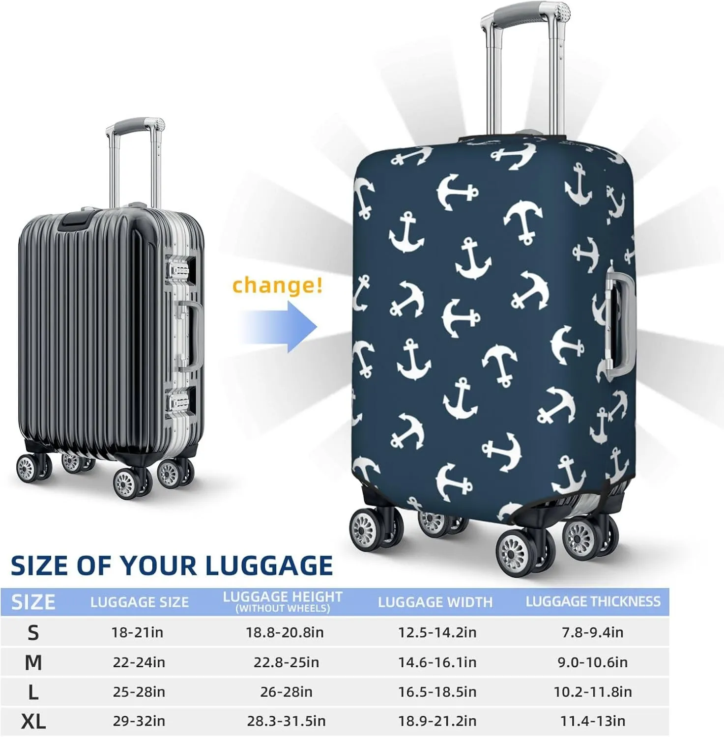 Nautical Anchors Luggage Suitcase Covers Elastic Washable Sea Adventure Ocean Theme Navy Luggage Protector Travel Suitcase Protective Cover For Kid And Adult, M (Fit 22-24 Inch Luggage)