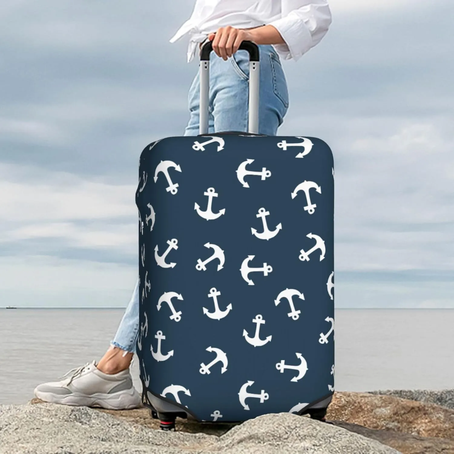 Nautical Anchors Luggage Suitcase Covers Elastic Washable Sea Adventure Ocean Theme Navy Luggage Protector Travel Suitcase Protective Cover For Kid And Adult, M (Fit 22-24 Inch Luggage)