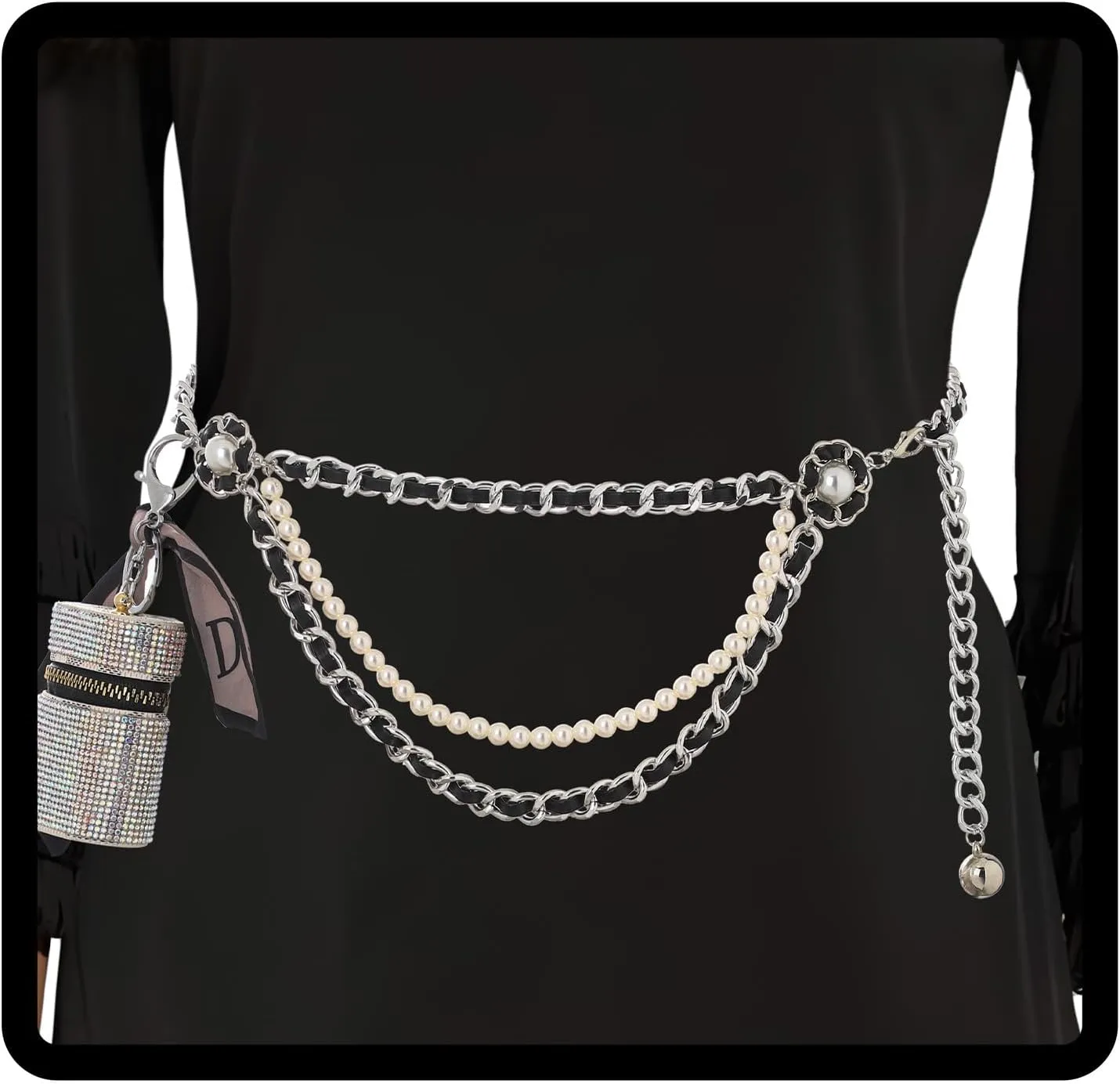 Navoky Waist Chain Bag Metal Belt Rhinestone Mini Coin Purse Belly Chain Pouch Removable Pack Adjustable for Women and Girls