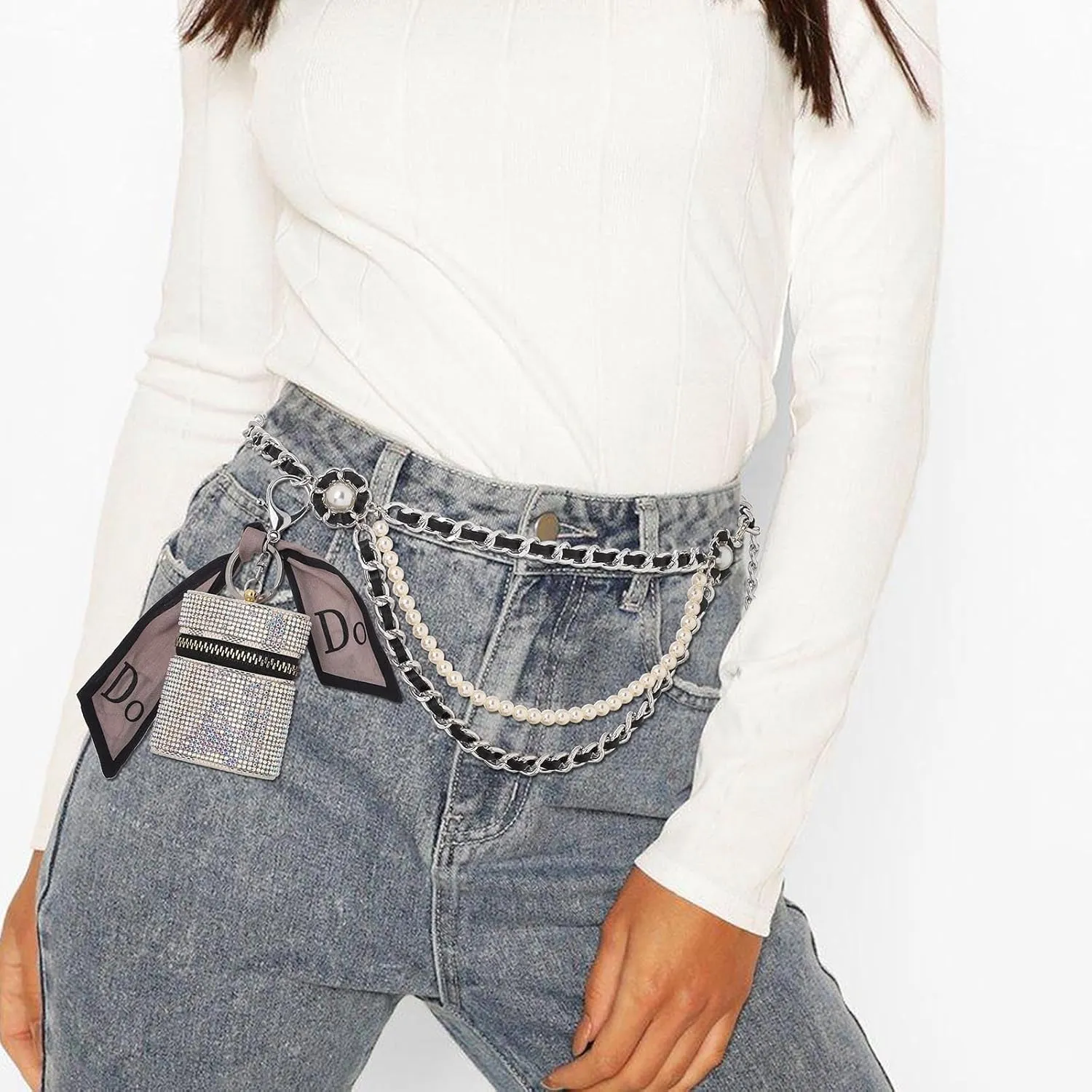 Navoky Waist Chain Bag Metal Belt Rhinestone Mini Coin Purse Belly Chain Pouch Removable Pack Adjustable for Women and Girls