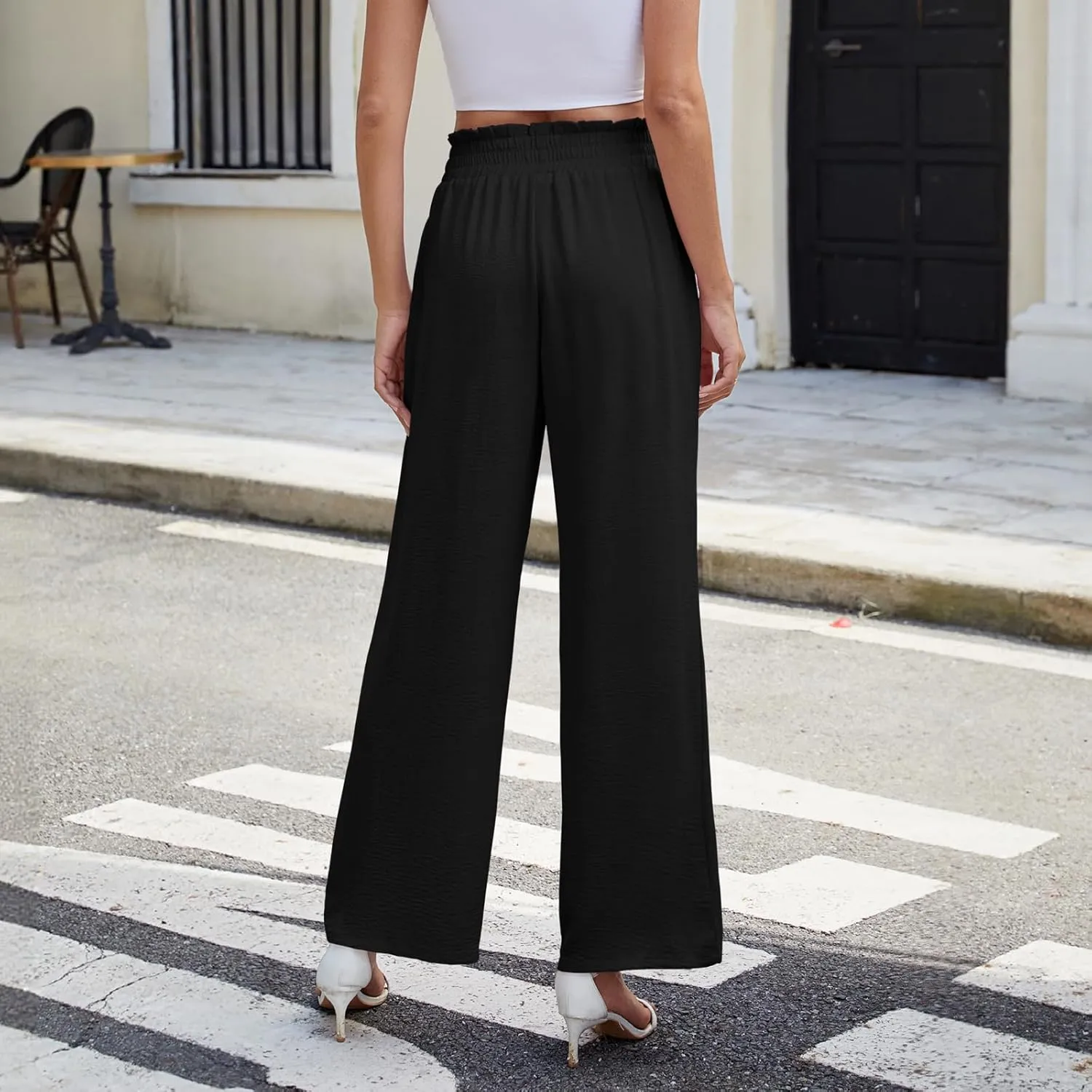 NILOUFO Women Summer Casual Wide Leg Pants High Waisted Elastic Tie Knot Boho Beach Trousers with Pockets