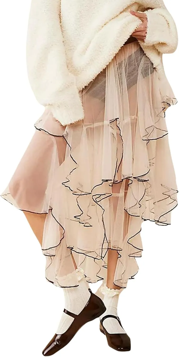 Nituyy Women Floral Lace Asymmetrical Hem Midi Skirts Casual Elastic Irregular Long Skirts Flowy Pleated See Through Dress