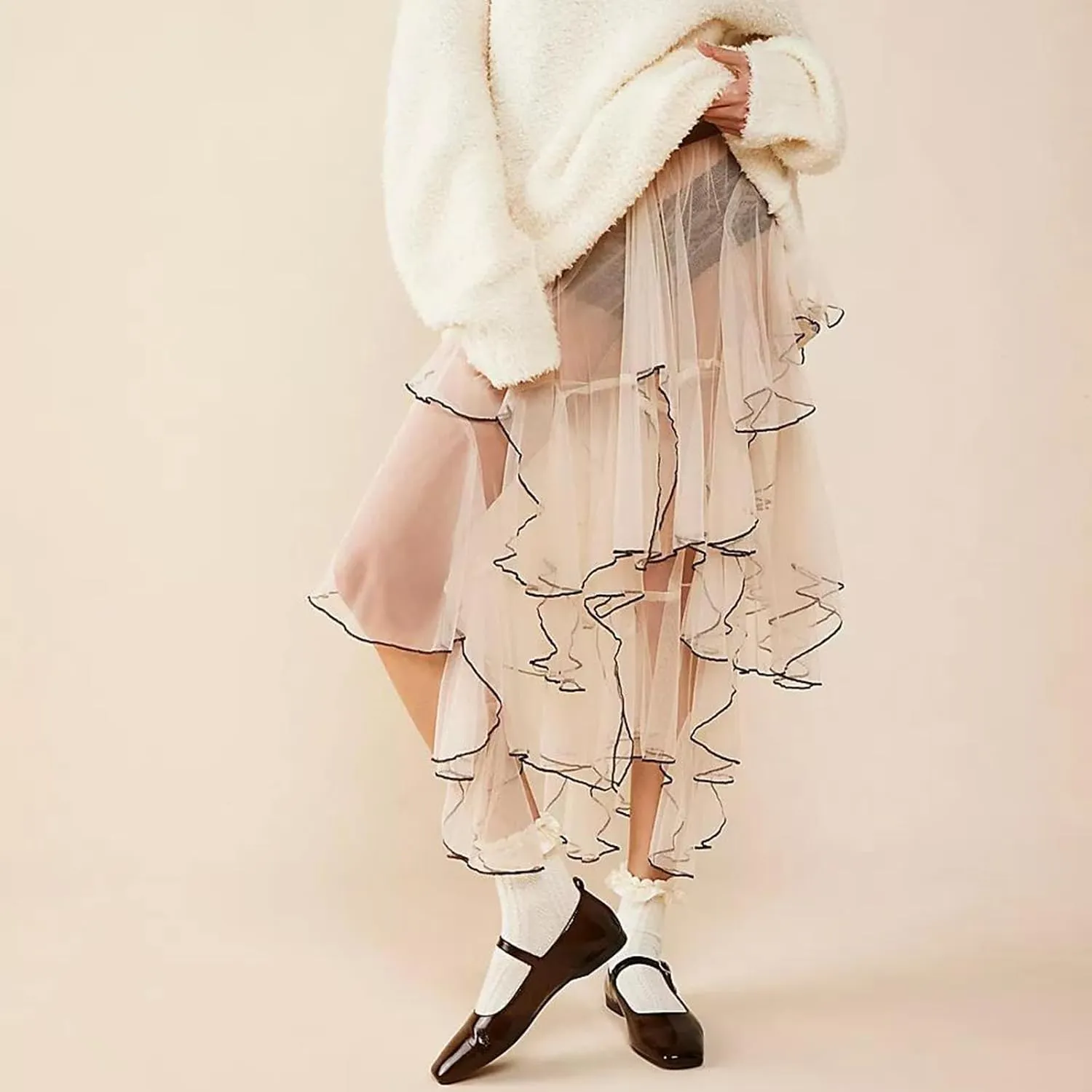 Nituyy Women Floral Lace Asymmetrical Hem Midi Skirts Casual Elastic Irregular Long Skirts Flowy Pleated See Through Dress