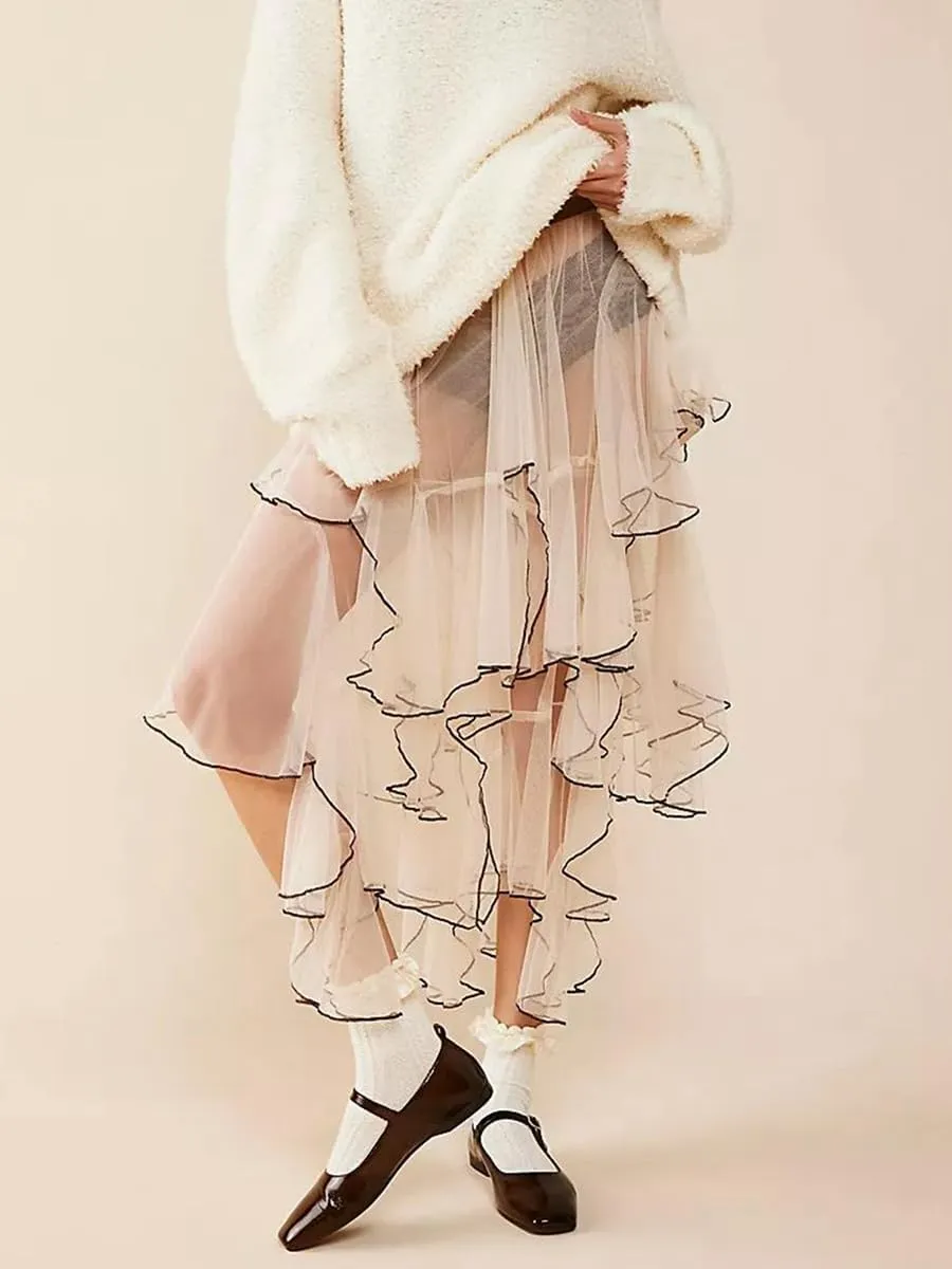 Nituyy Women Floral Lace Asymmetrical Hem Midi Skirts Casual Elastic Irregular Long Skirts Flowy Pleated See Through Dress