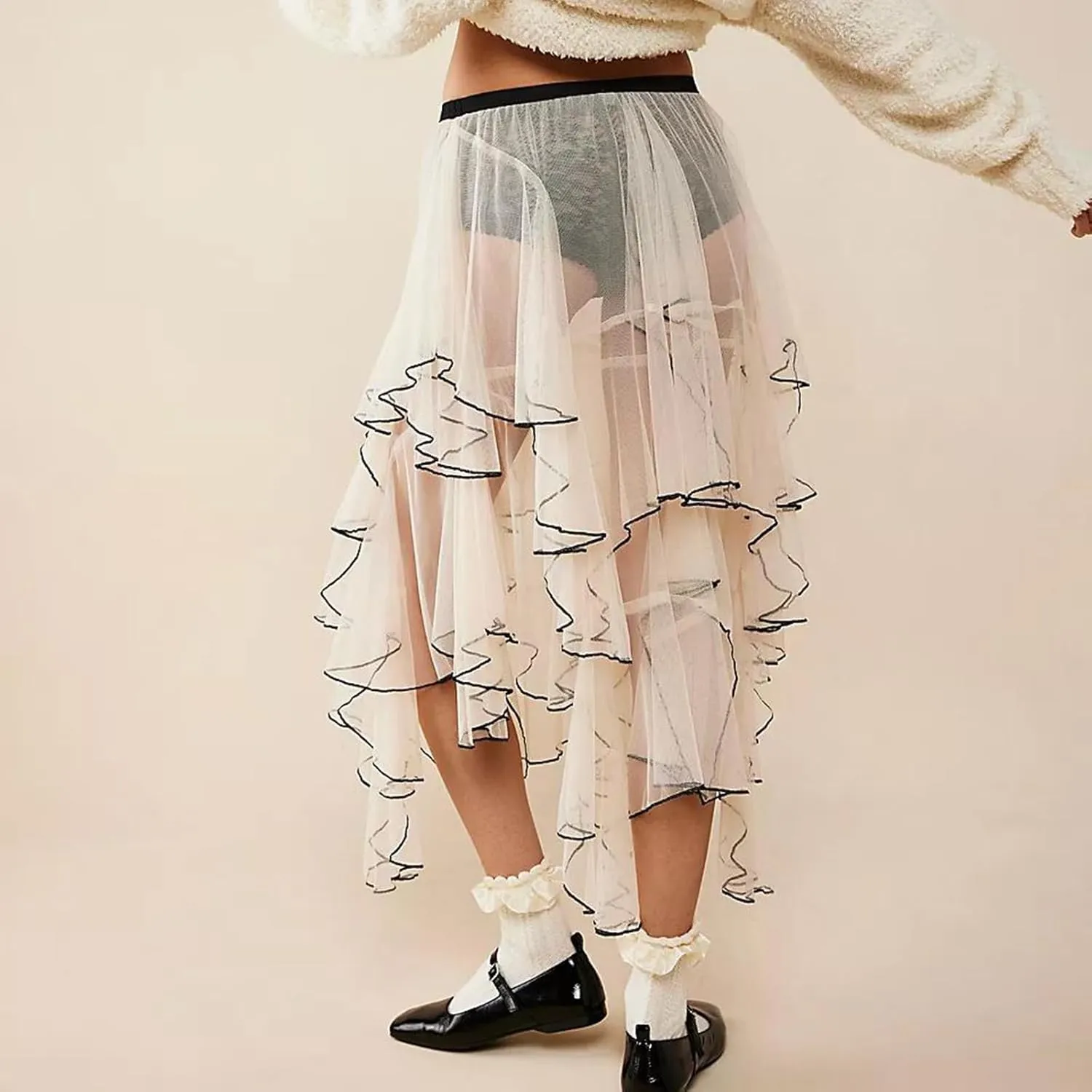 Nituyy Women Floral Lace Asymmetrical Hem Midi Skirts Casual Elastic Irregular Long Skirts Flowy Pleated See Through Dress