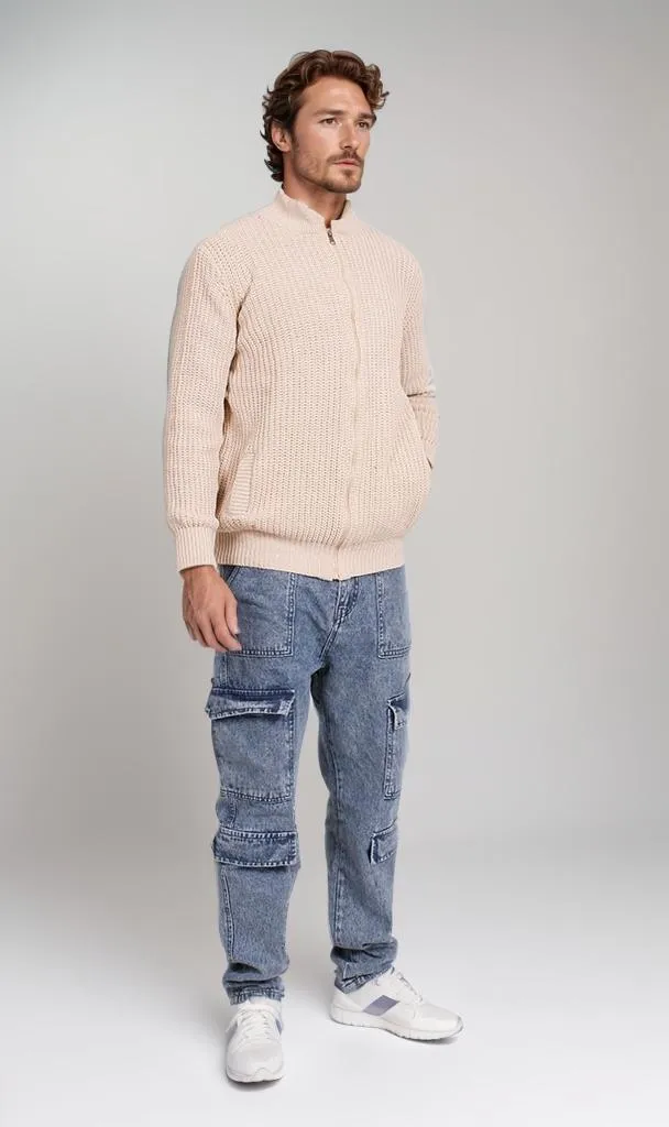 O202259-O202259 - Chunky Knit Zipper Sweater - Beige