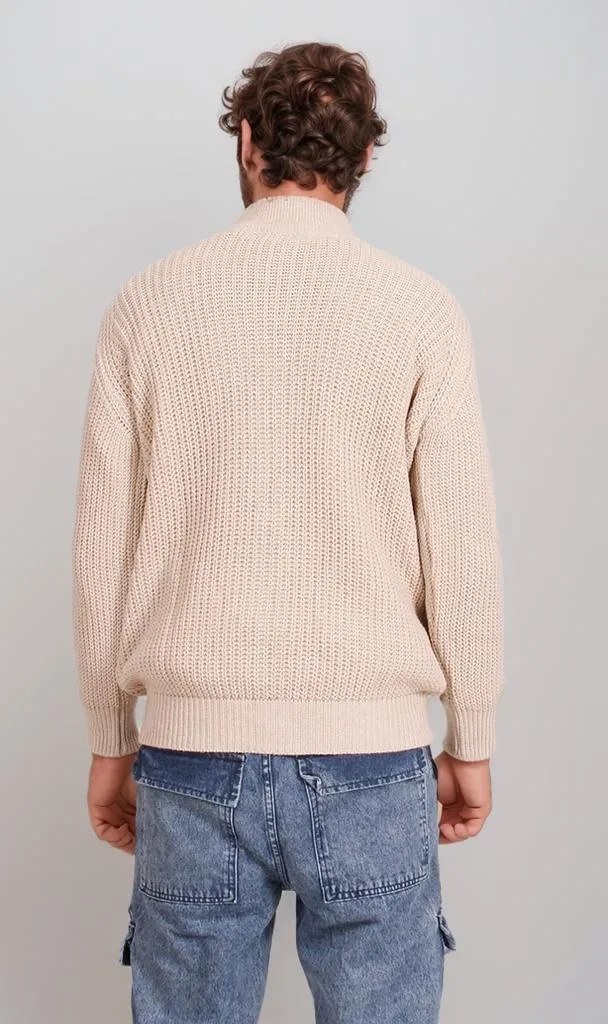 O202259-O202259 - Chunky Knit Zipper Sweater - Beige