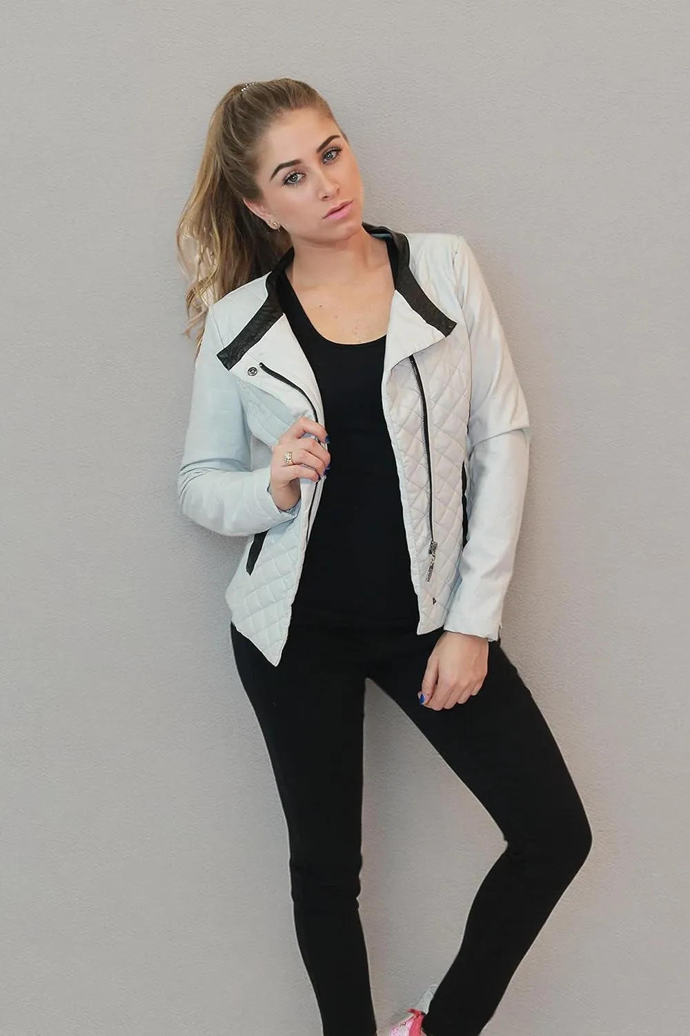 Olivia Miller Womens Faux Leather Zip Up Moto Biker Jacket